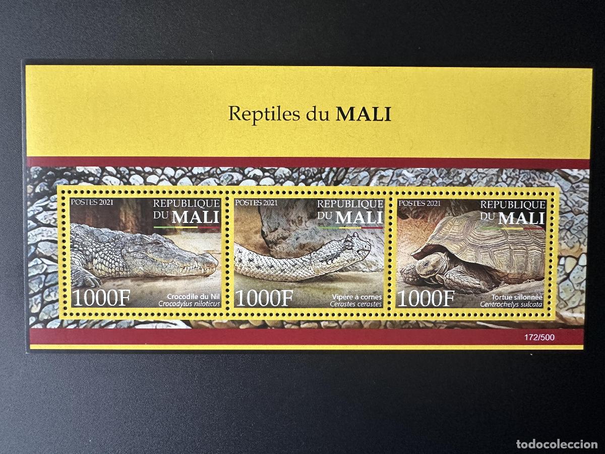 Stamps: Mali mayo de 2021.? M/S Biodiversity: reptiles: serpientes tortugas cocodrilos