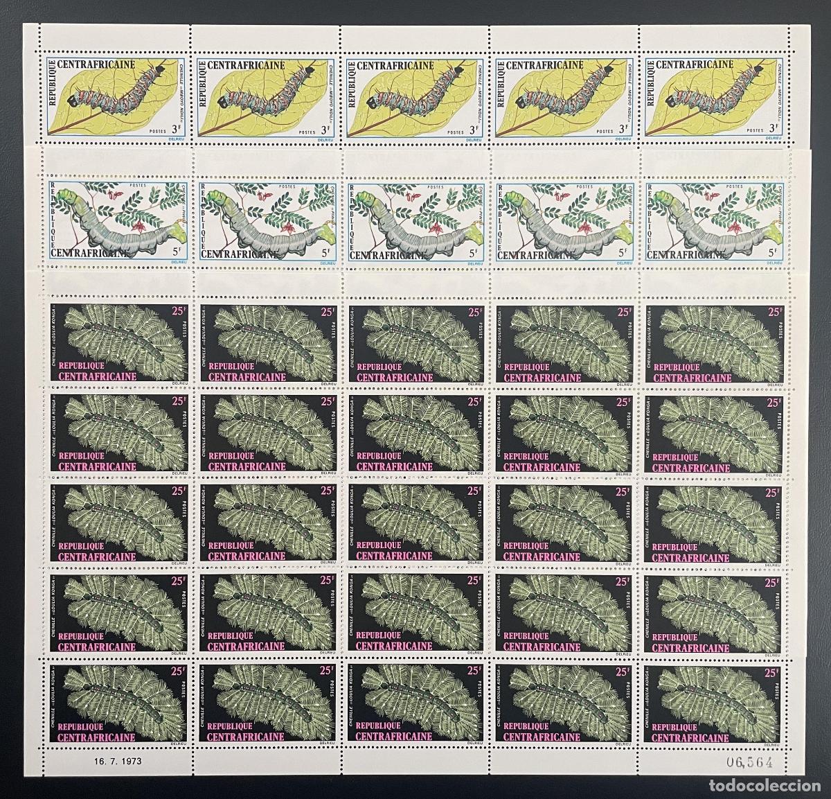 Sellos: Central African 1973 YT 198-200 hoja de tabl&oacute;n orugas insectos