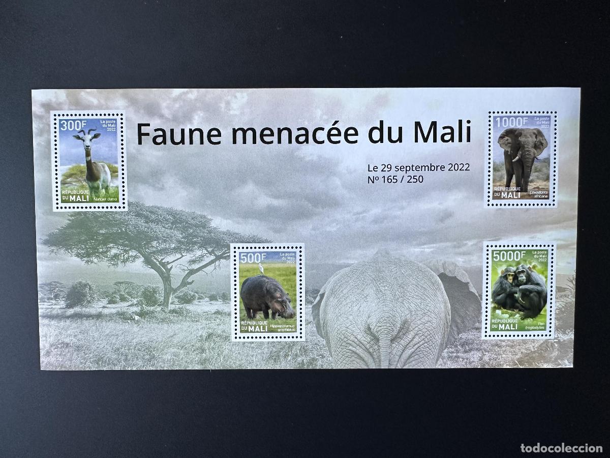 Sellos: Mali de mayo 2022. &iquest;Bl.? Vida silvestre en peligro extinci&oacute;n: hipop&oacute;tamo p&aacute;jaro elefante mono.