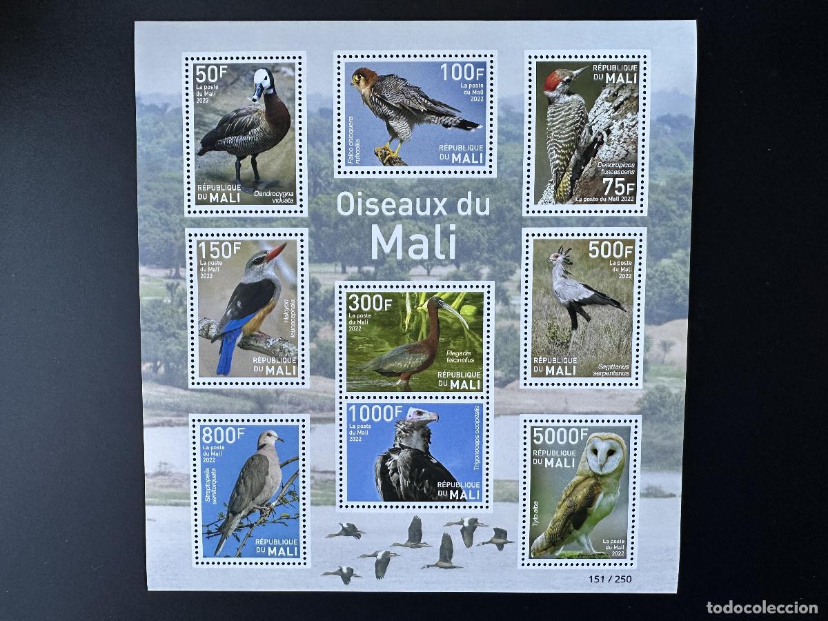 Sellos: Mali de mayo 2022. &iquest;Bl.? P&aacute;jaros: avestruz pato raptor presa &aacute;guila b&uacute;ho