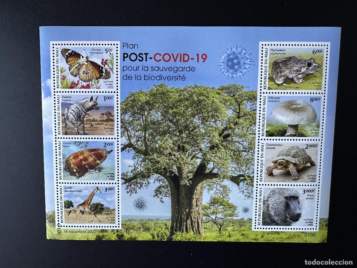 Sellos: Mali de mayo 2022. &iquest;Bl.? Vida silvestre COVID-19 biodiversidad mariposa hongo mono tortuga.