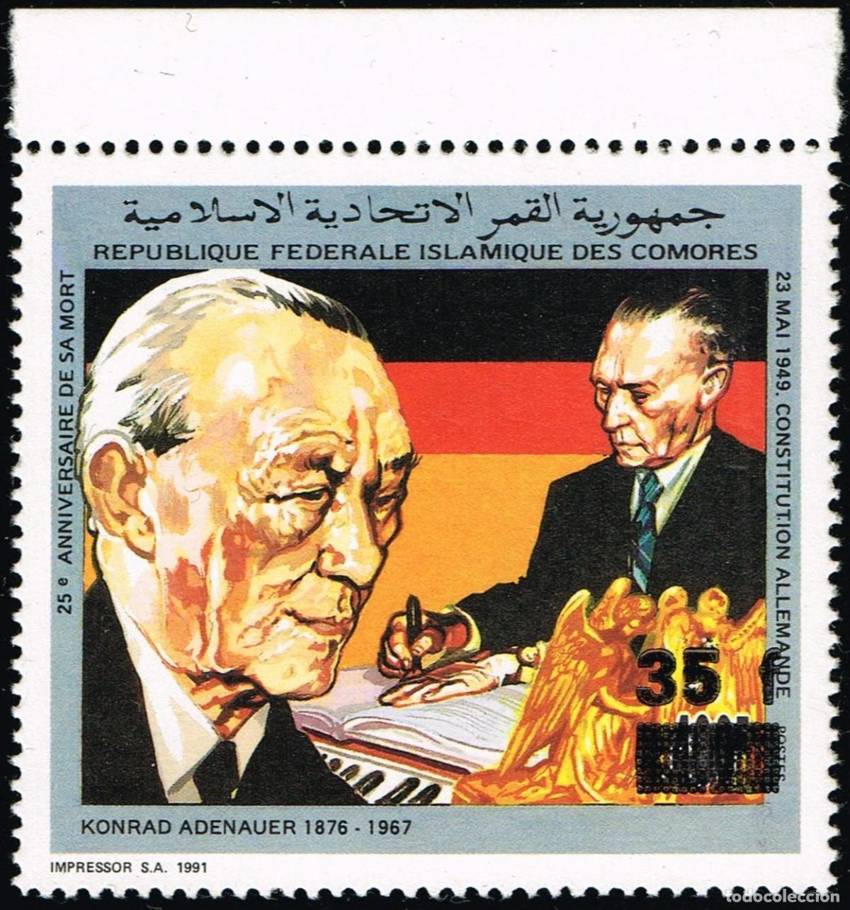 Sellos: Comoras 1992/1993 Mi. 1055 35F Aniversario de la muerte Konrad Adenauer sobrecargado