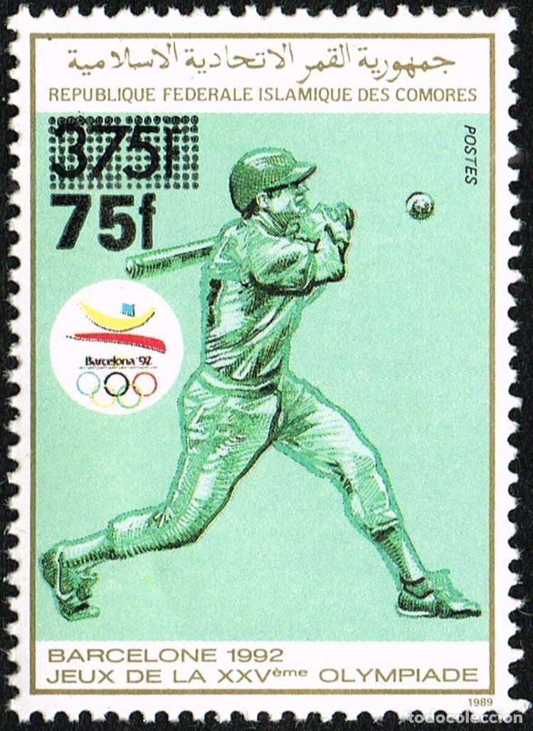 Sellos: Comoras 1992 1993 Mi. 1060 75F Juegos Ol&iacute;mpicos de B&eacute;isbol Barcelona Sobrecargado