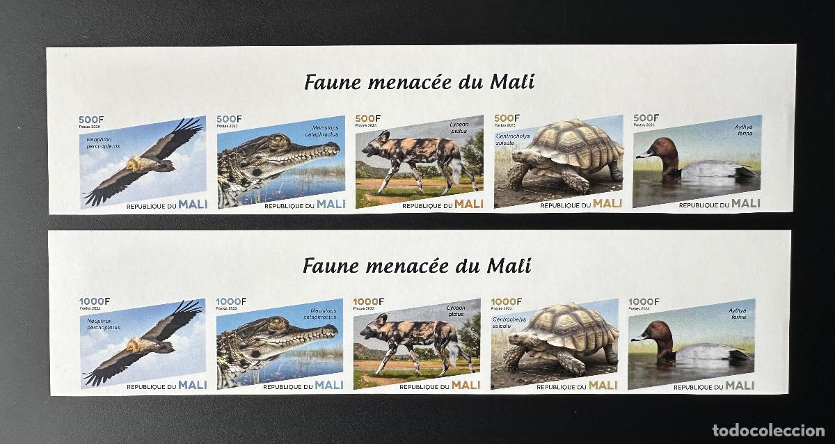 Sellos: Mal&iacute; 2023 Mi.? ND Fauna en peligro de extinci&oacute;n: ave pato tortuga cocodrilo raptor