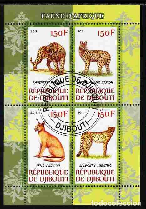 Sellos: DJIBOUTI 2011 SHEET USED MNH FAUNA MAMIFEROS CARACAL GUEPARDOS LEOPARDOS FELINOS WILD CATS WILDLIFE