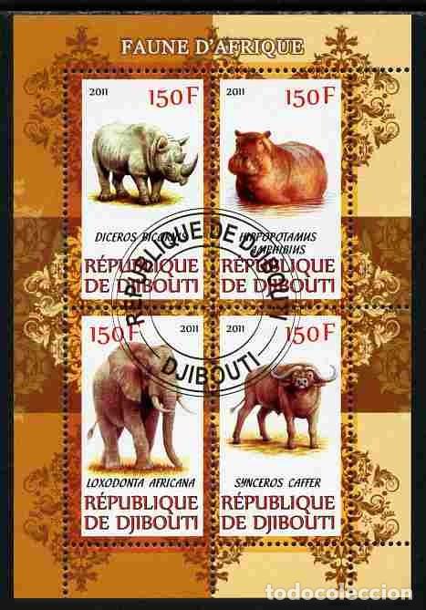 Sellos: DJIBOUTI 2011 SHEET USED MNH FAUNA MAMIFEROS HIPOPOTAMOS ELEFANTES BUFALOS RINOCERONTES WILDLIFE