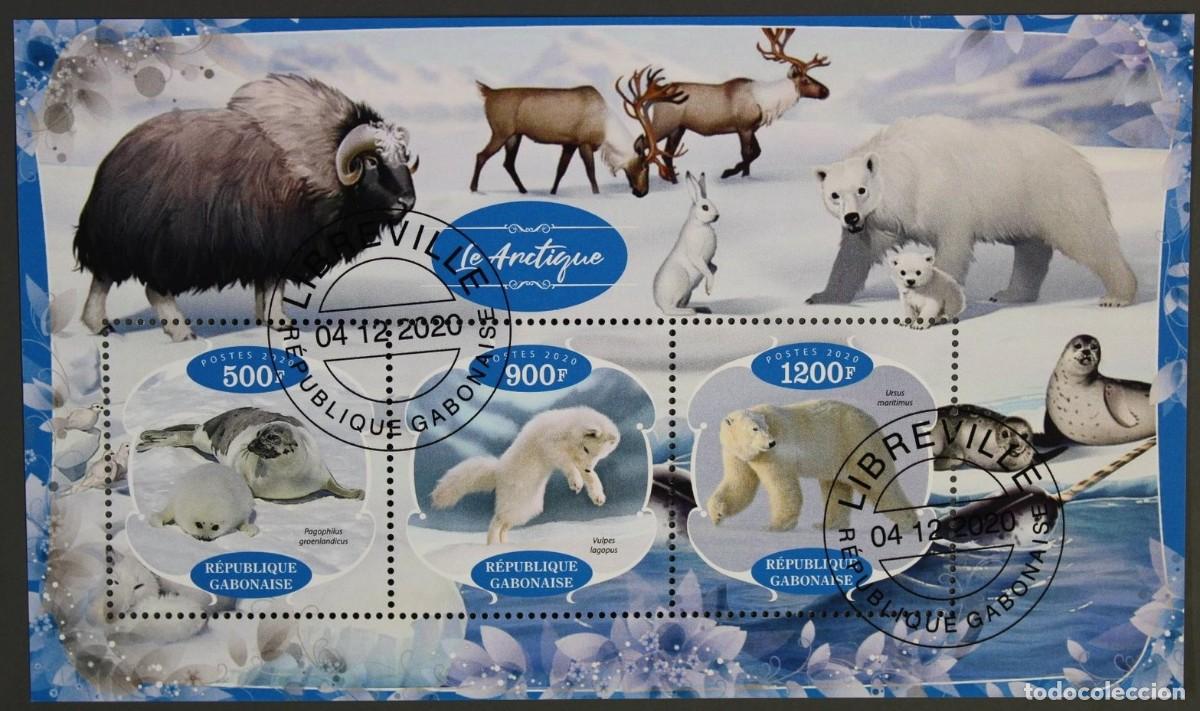 Sellos: GABON 2020 SHEET USED MNH FAUNA ANIMALES DEL ARTICO OSOS POLARES LOBOS WOLVES FOCAS LIEBRES RENOS
