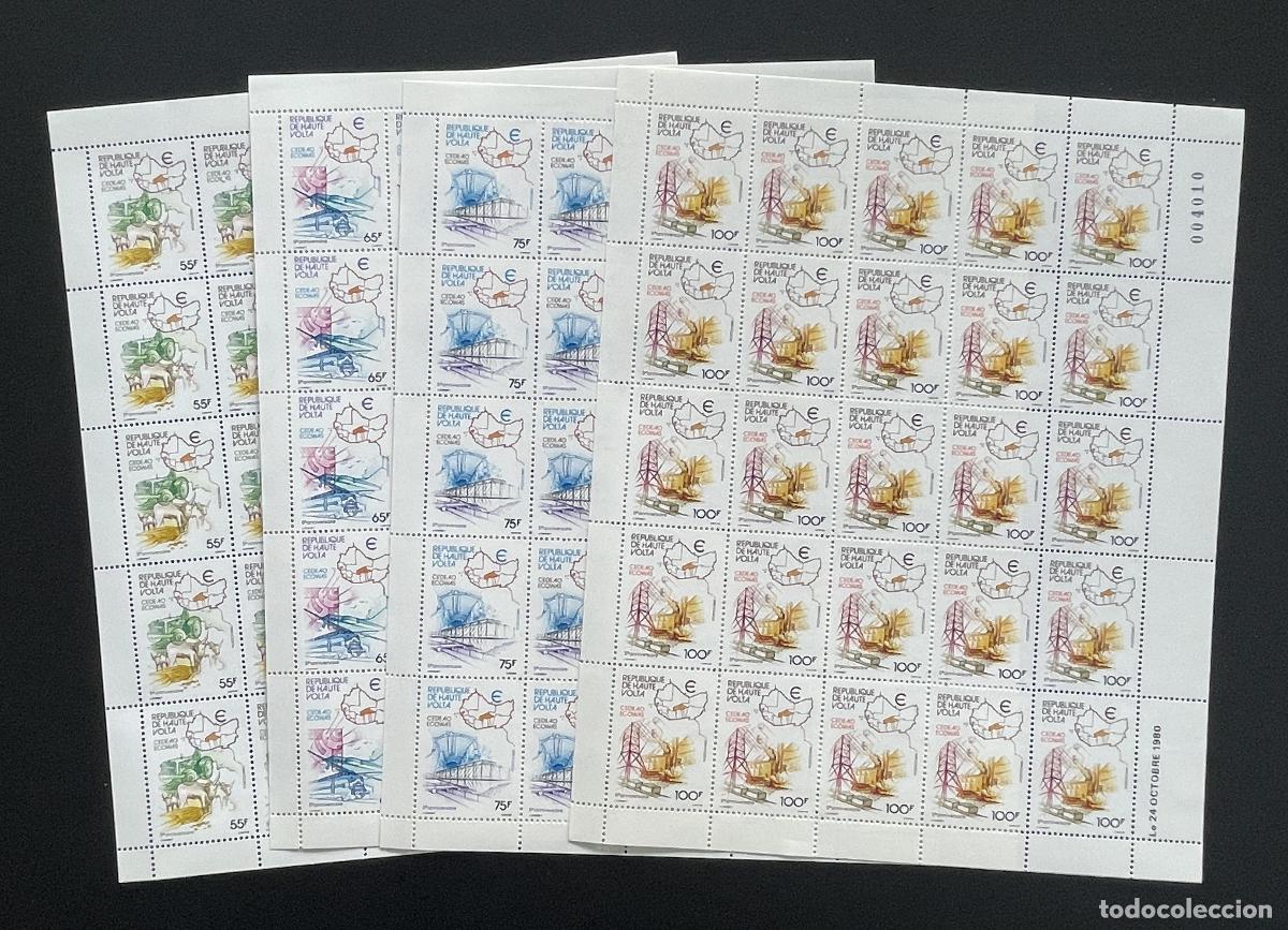 Timbres: Alto Volta 1980 YT 526-529 bloque CEDEAO agricultura puente mapa