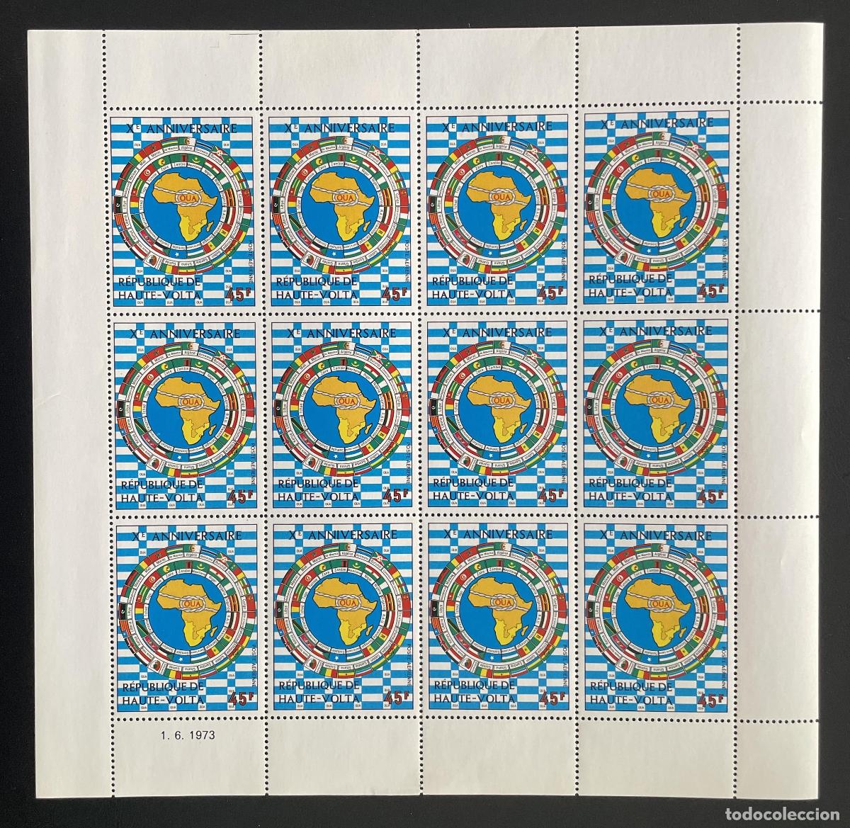 Timbres: Alto Volta 1973 YT PA 154 bloque X aniversario OUA &Aacute;frica banderas