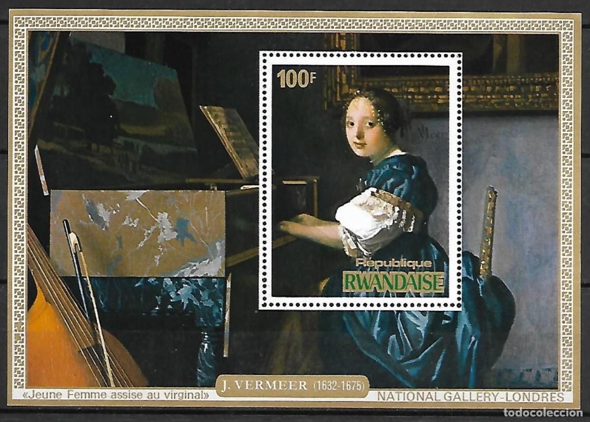 Sellos: RWANDA 1975 SHEET MNH GALERIA NACIONAL DE LONDRES JOHANNES VERMEER ART PAINTINGS ARTE PINTURAS