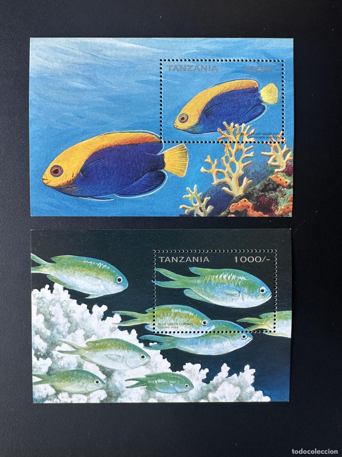 Sellos: Tanzania 1996 Mi. Bl. 333-334 Fauna marina Peces tropicales Pez &aacute;ngel Chromis