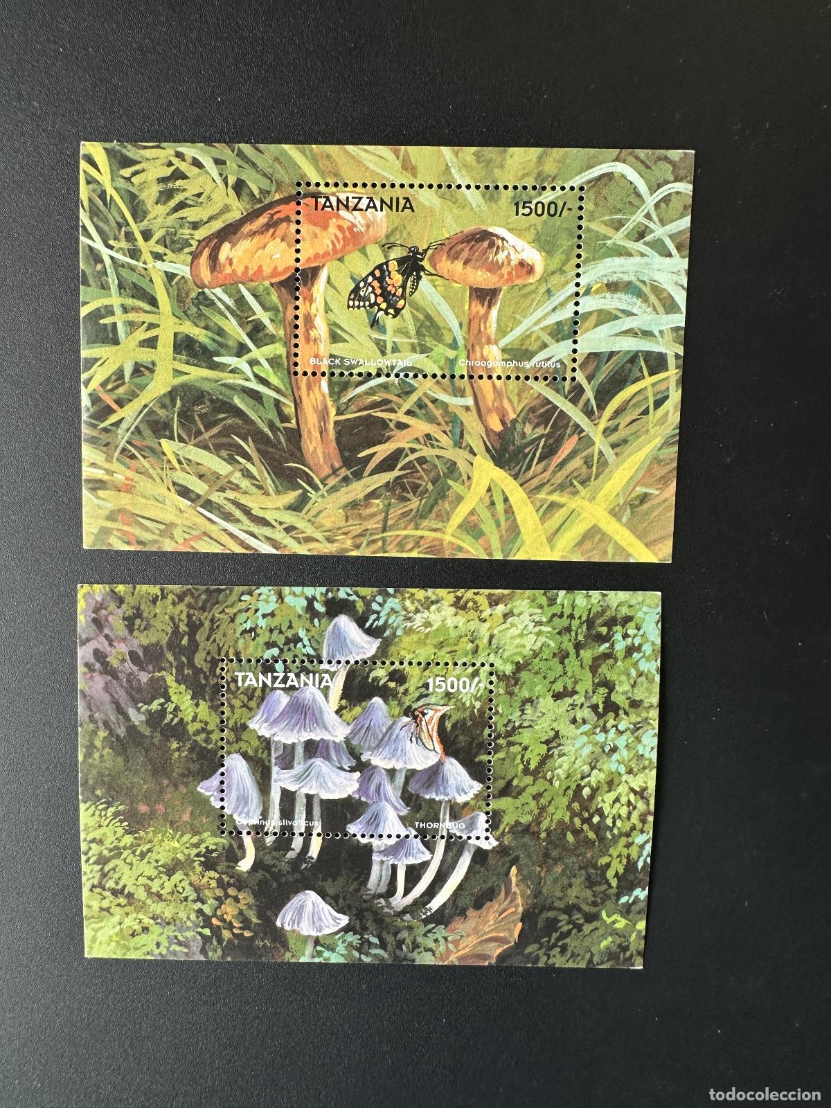 Timbres: Tanzania 1998 Mi. Bl. 414 - 415 Hongos de cola golondrina negra y mariposa