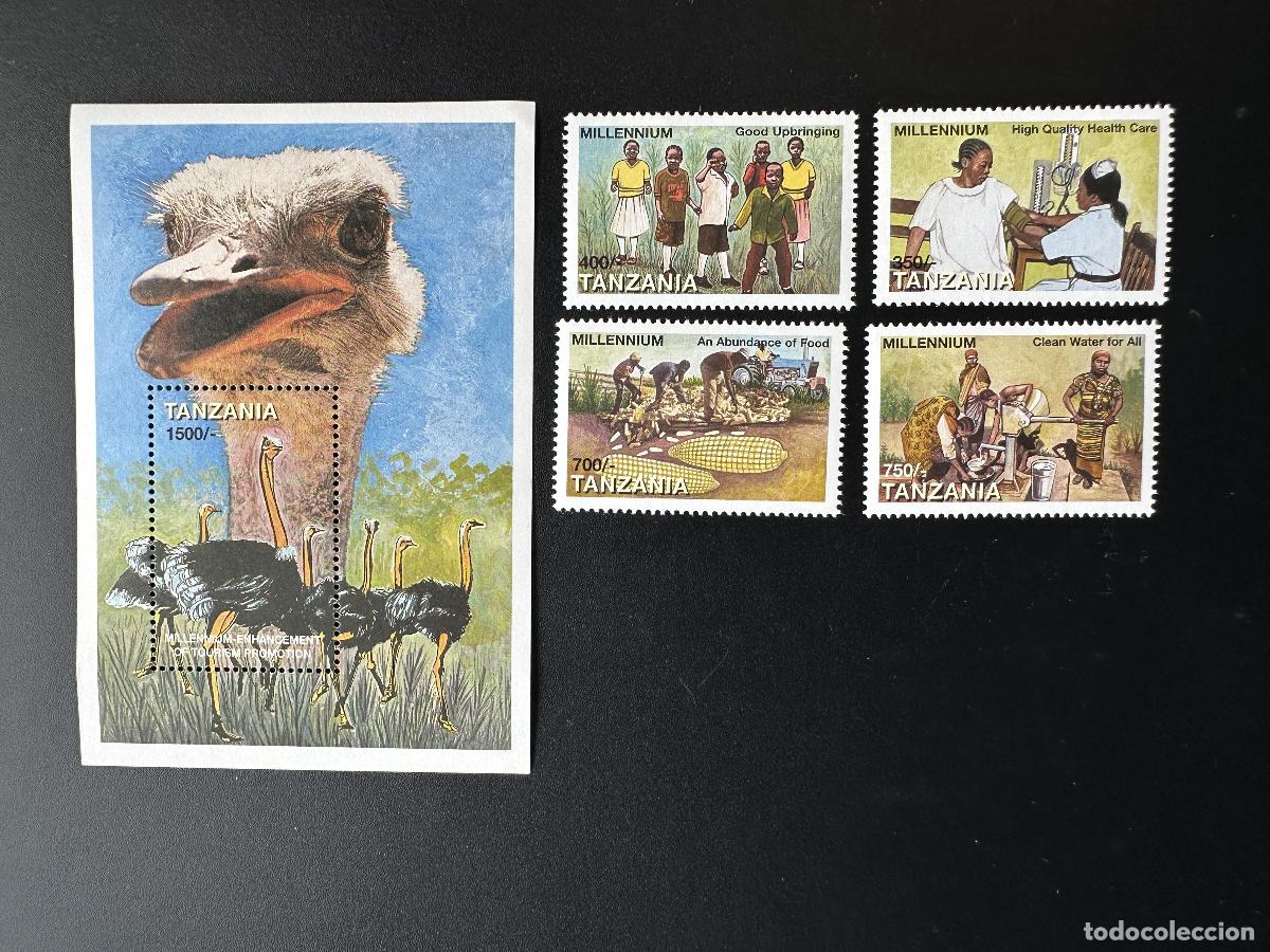 Sellos: Tanzania 1999 Mi. 3413 - 3416 Bl. 456 Avestruces Agricultura Salud Agua Milenio