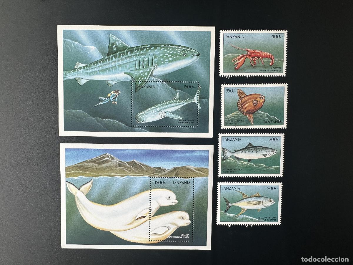Sellos: Tanzania 1999 Mi. 3679-3682 Bl. 491-492 Fauna marina Peces Tibur&oacute;n ballena