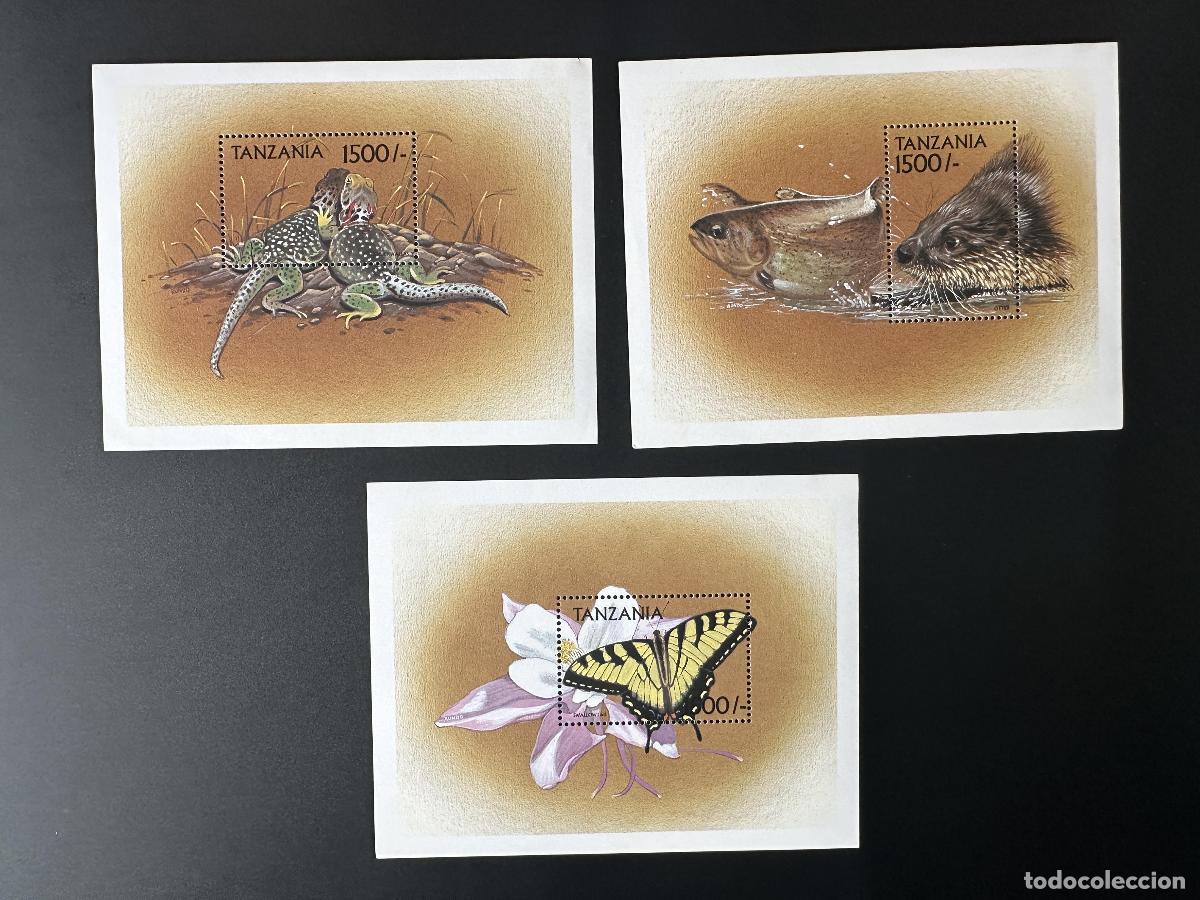 Sellos: Tanzania 1999 Mi. Bl. 497 - 499 Reptiles lagartos peces puercoespines mariposas