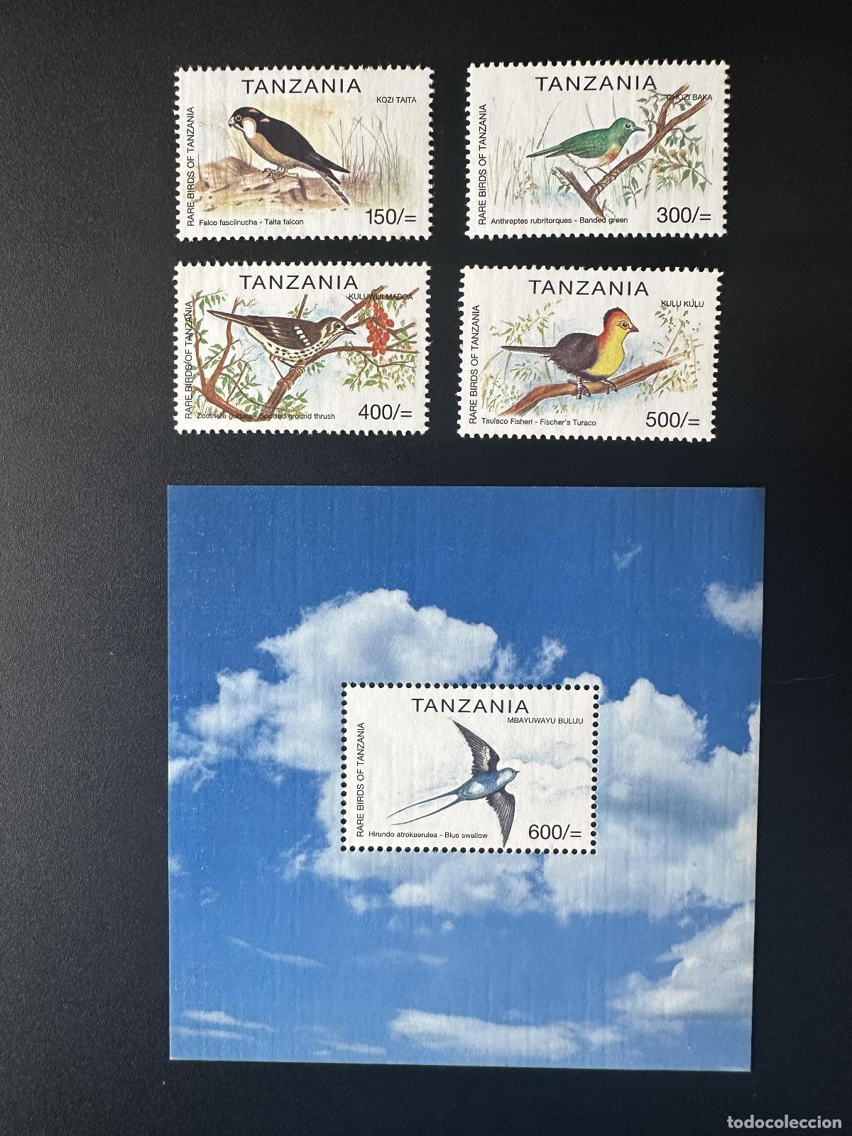 Sellos: Tanzania 1999 Mi. 3925-3928 Bl. 519 P&aacute;jaros Halc&oacute;n Golondrina Turaco Zorzal Fauna