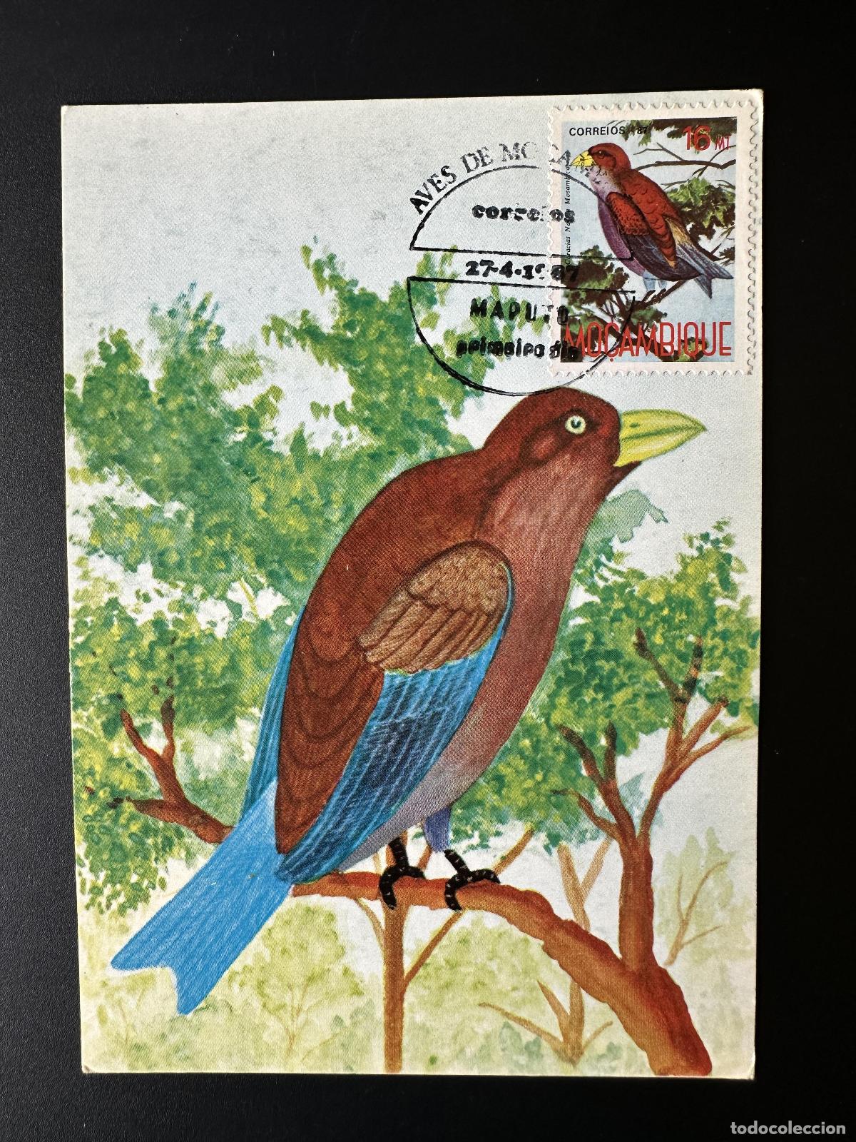 Sellos: Mozambique 1987 Mi. 1092 m&aacute;ximo tarjeta postal entero p&aacute;jaro ave Coracias