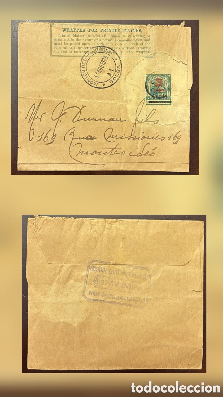 Sellos: CA)Mauritius.1903.Printed Matter Wrapper.Brown postal wrapper sent from Port Louis, Mauritius to Mon