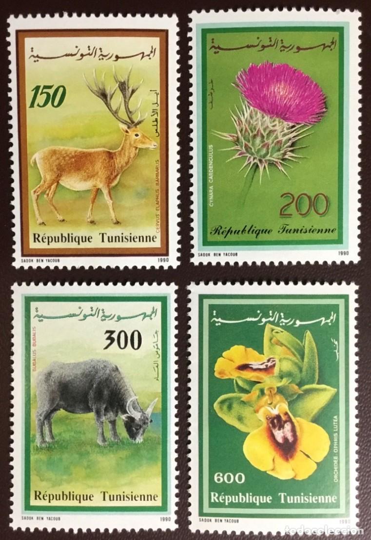 Sellos: TUNEZ 1990 SERIE 4 STAMPS MNH FAUNA MAMIFEROS BUFALOS CIERVOS FLORA FLORES FLOWERS ORQUIDEAS ORCHIDS