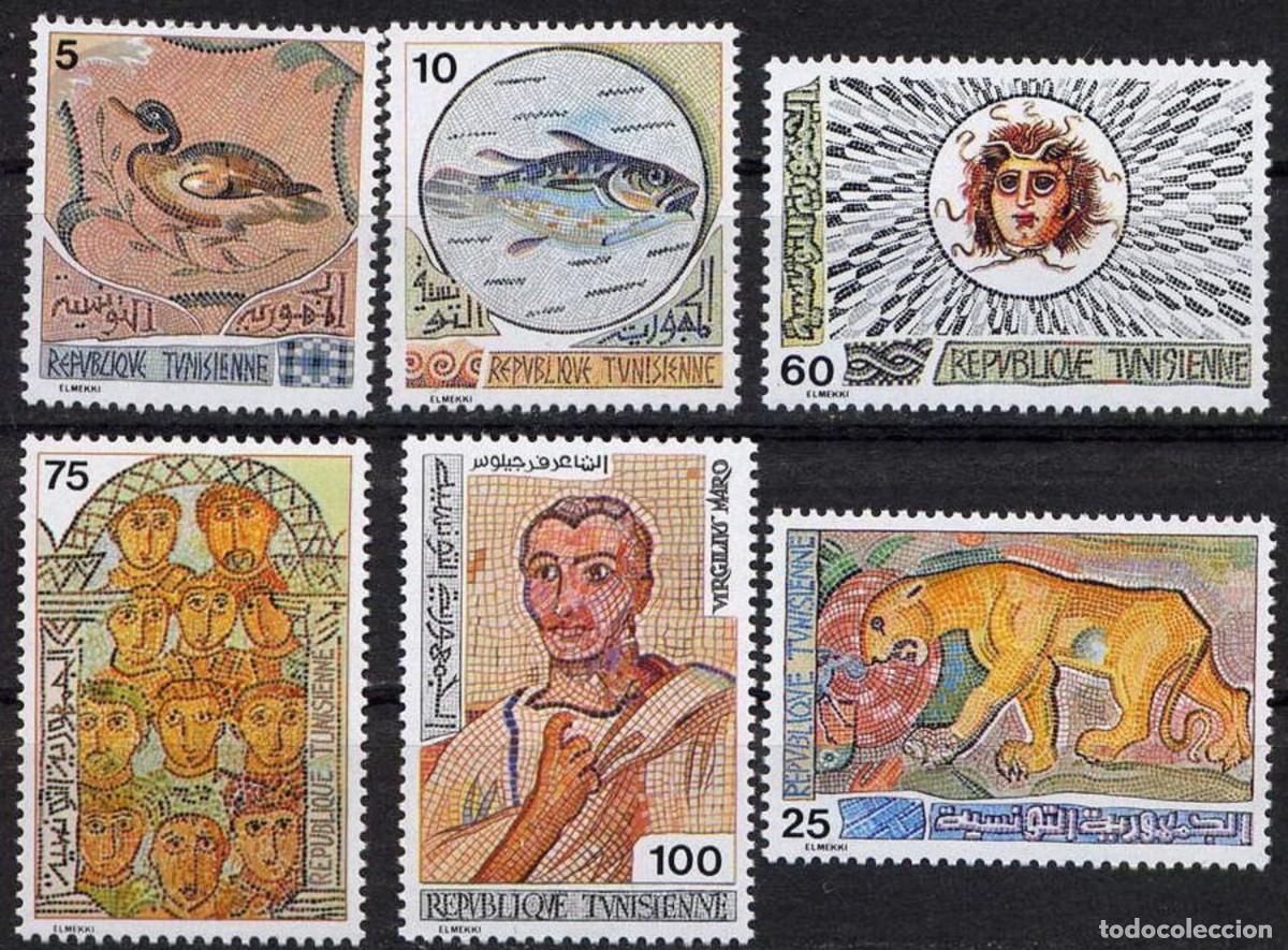 Sellos: TUNEZ 1976 SERIE 6 STAMPS MNH MOSAICOS TUNECINOS EL SOL VIRGILIUS MARO PECES PATOS AVES FELINOS