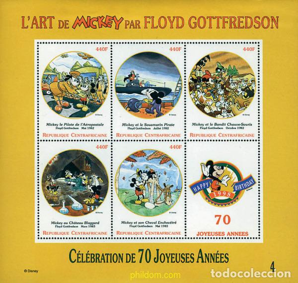 Sellos: 596407 MNH CENTROAFRICANA 1999 70 ANIVERSARIO DE MICKEY MOUSE