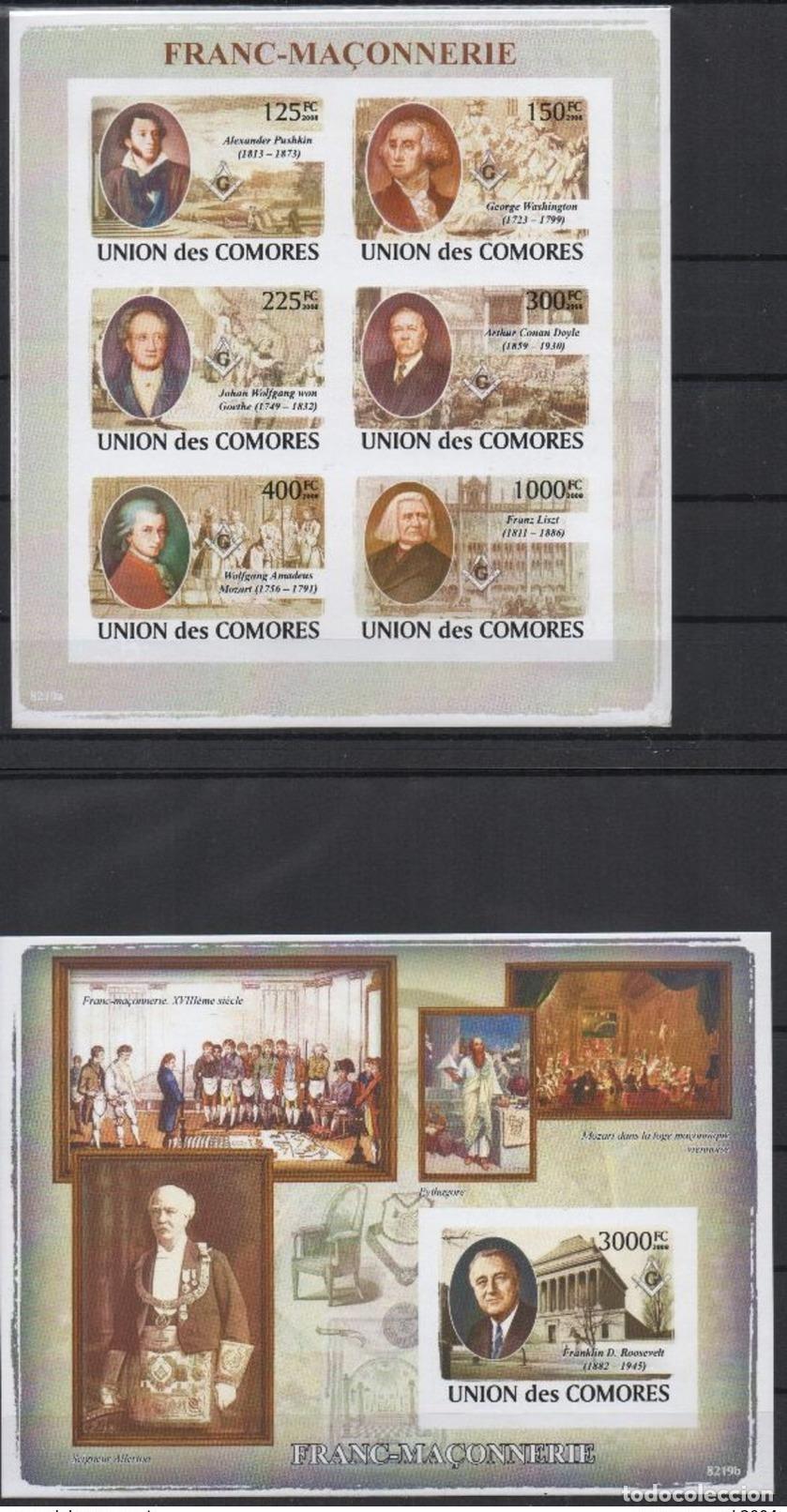 Sellos: Comoras 2008 Masones Mi. VIII-XIII Bl. II IMPERF (in&eacute;dito) Mozart Washington