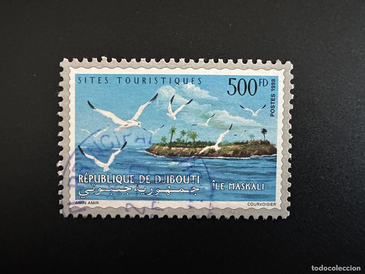 Sellos: Yibuti 1998 Mi. 673 obl. Lugares tur&iacute;sticos: Isla Maskali gaviotas aves raras
