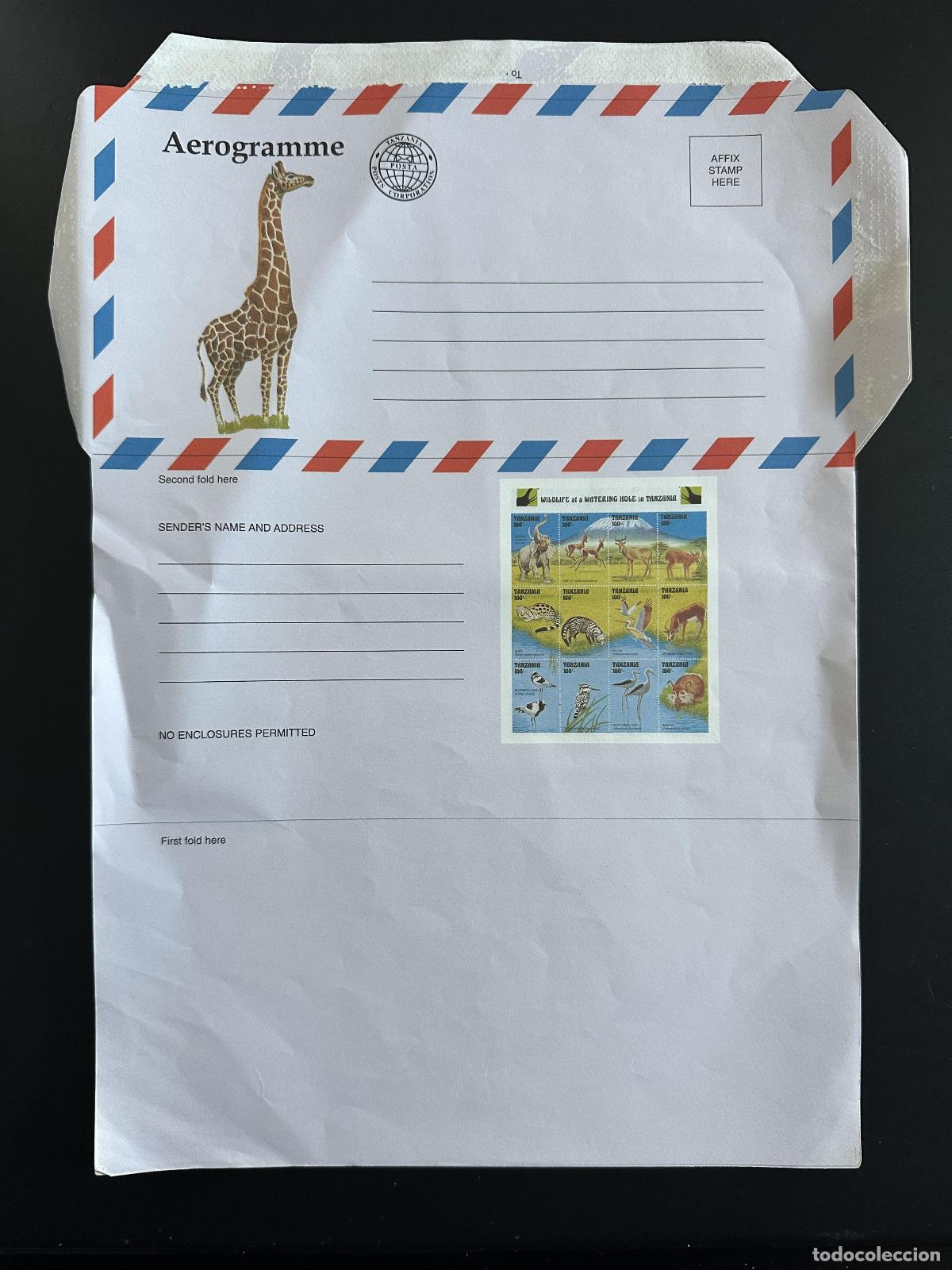 Sellos: Tanzania Aerogram Air Letter Papeler&iacute;a Completo Postal Avestruz jirafa fauna