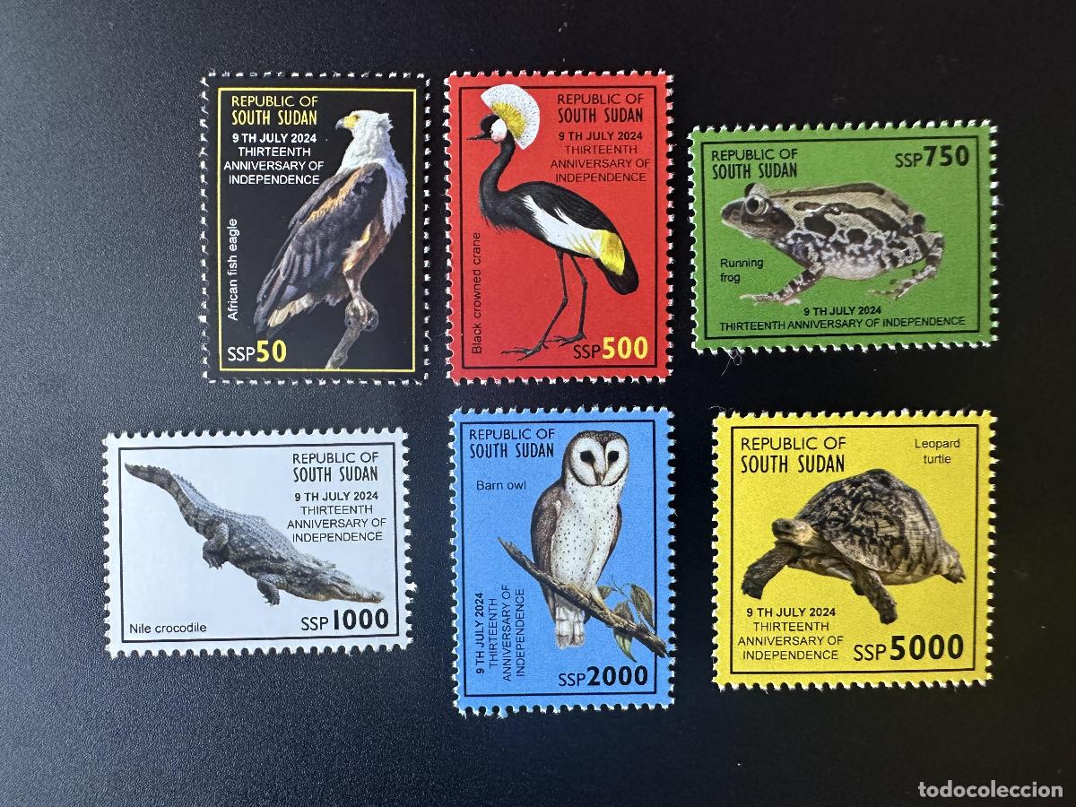 Sellos: Sud&aacute;n del Sur 2024 Mi. 35 - 40 Fauna aves presas ranas b&uacute;hos independencia