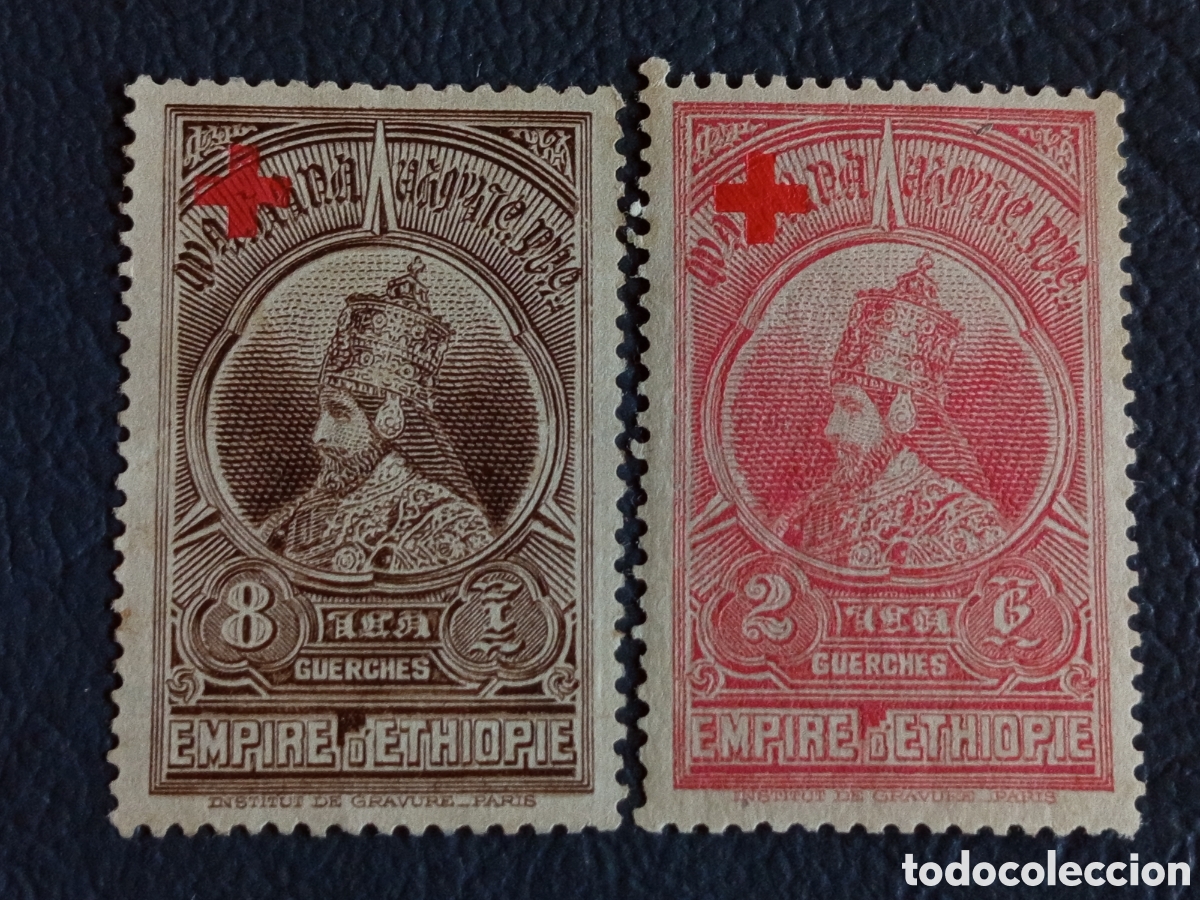 Sellos: Lote 2 Sellos Etiop&iacute;a 1930 Haile Selassie con Sobrecarga Cruz Roja 2g y 8g Yvert 143, 145 MH.