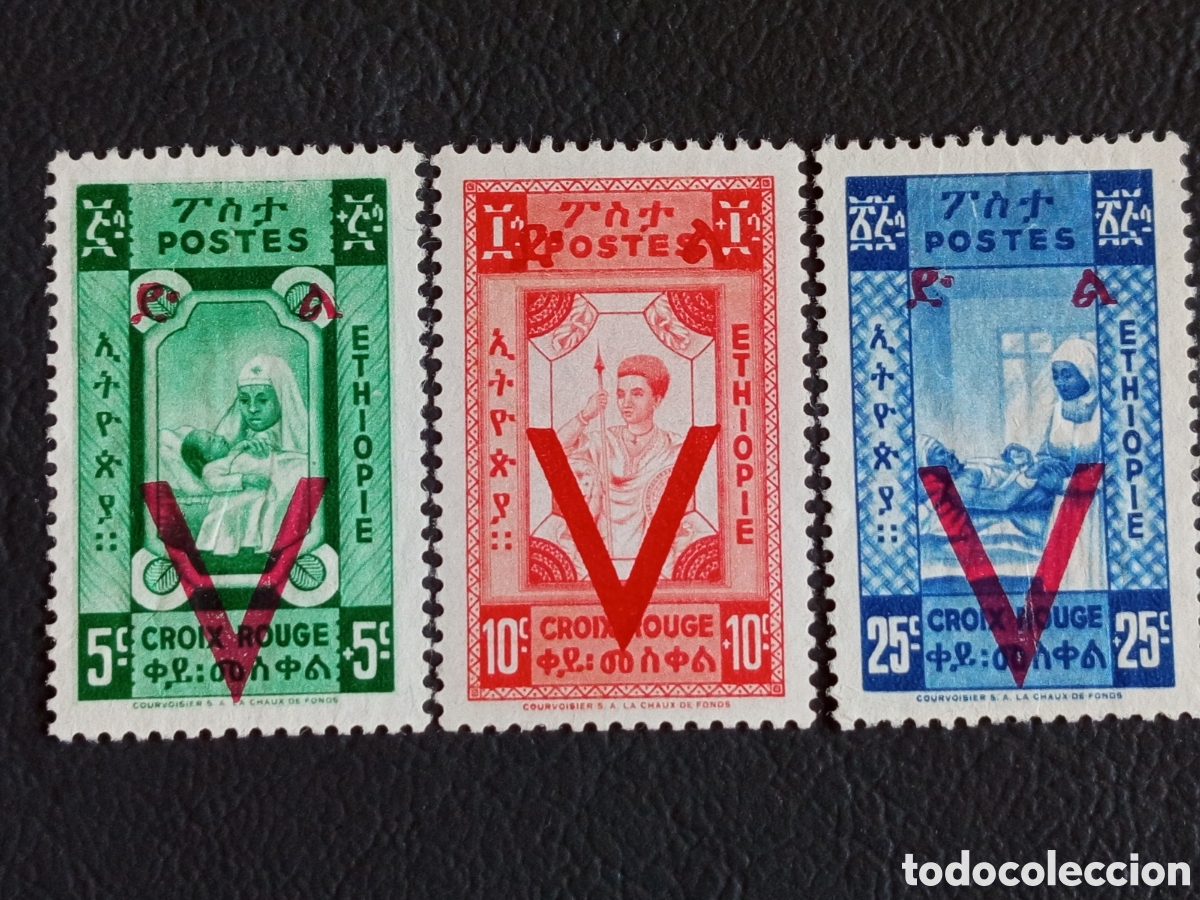Sellos: Lote 3 Sellos Etiop&iacute;a 1945 Cruz Roja con Sobrecarga Victoria &rdquo;V&rdquo; 5c, 10c y 25c Yvert 240, 241, 242 M