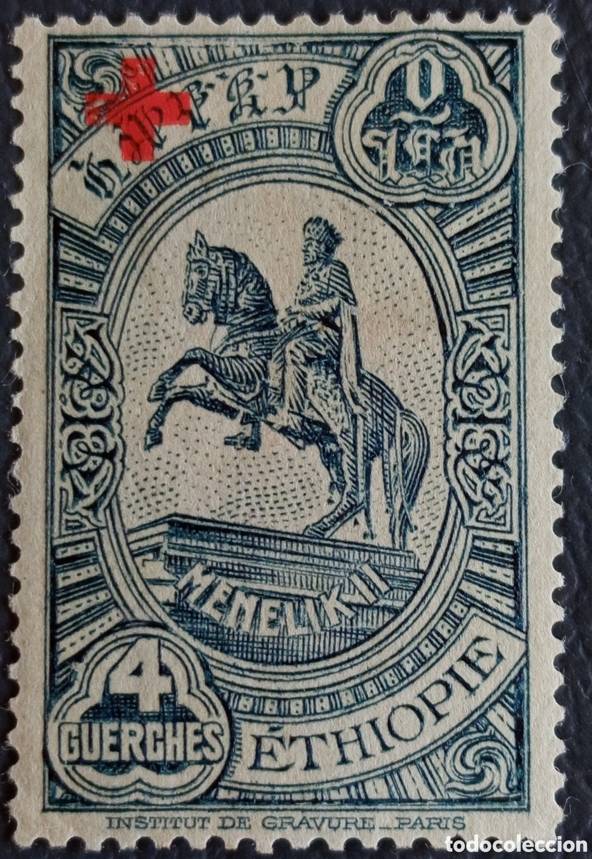 Sellos: Sello Etiop&iacute;a 1930 Estatua Ecuestre de Menelik II con Sobrecarga Cruz Roja 4g Azul Yvert 144 MH