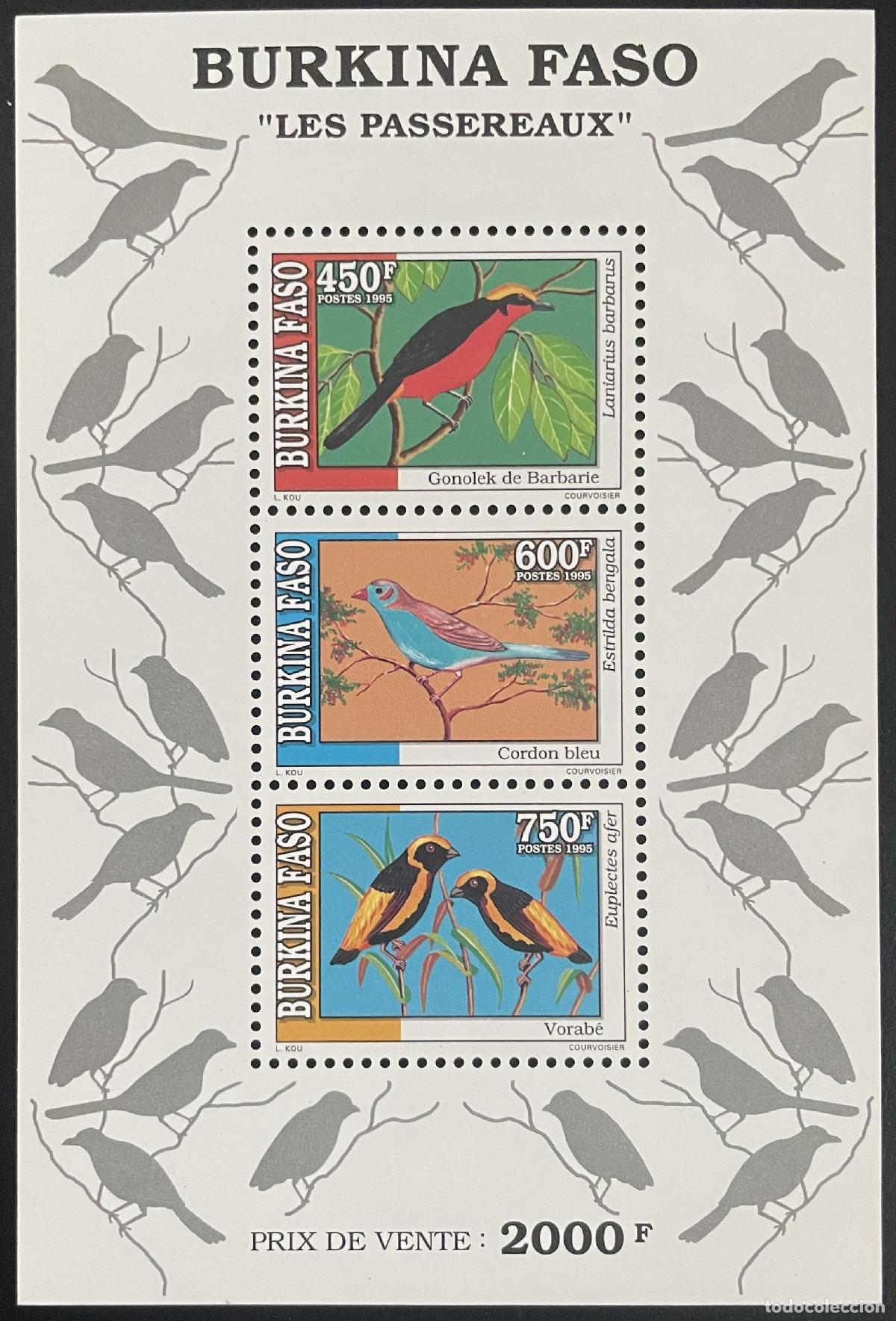 Sellos: Burkina Faso 1995 YT Bl. 50 aves paseriformes gonolek barbarie cord bleu