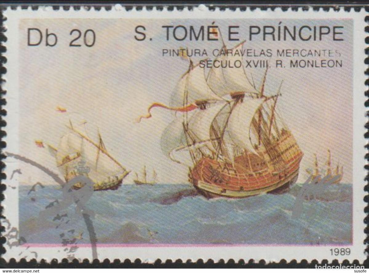 Sellos: Santo Tome y Principe 1989 Scott 893 Sello * Arte Pintura Barco Caravela Mercante Siglo XVIII
