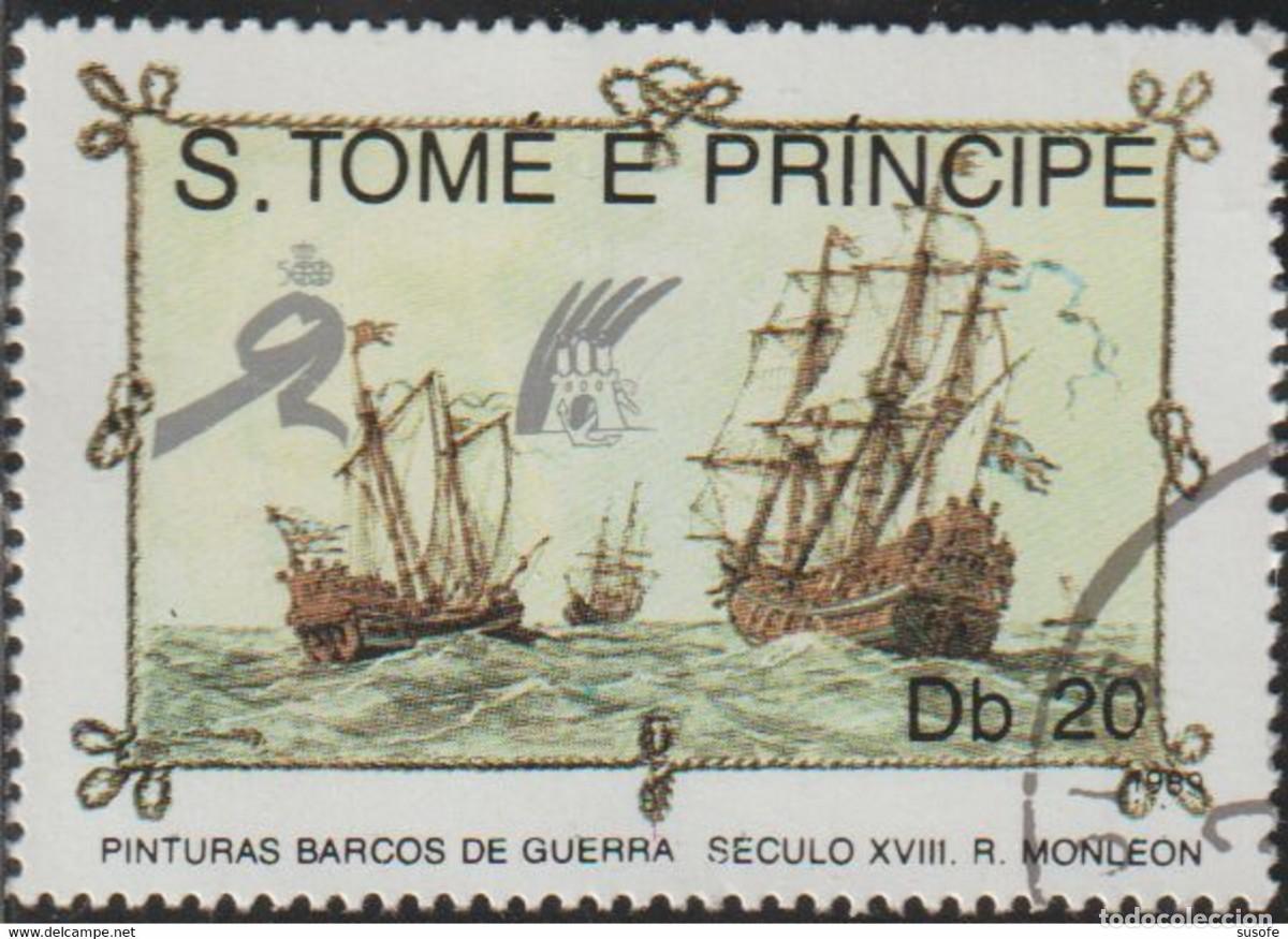Sellos: Santo Tome y Principe 1989 Scott 895 Sello * Arte Pintura Barco Buque Guerra Siglo XVIII Michel 1133