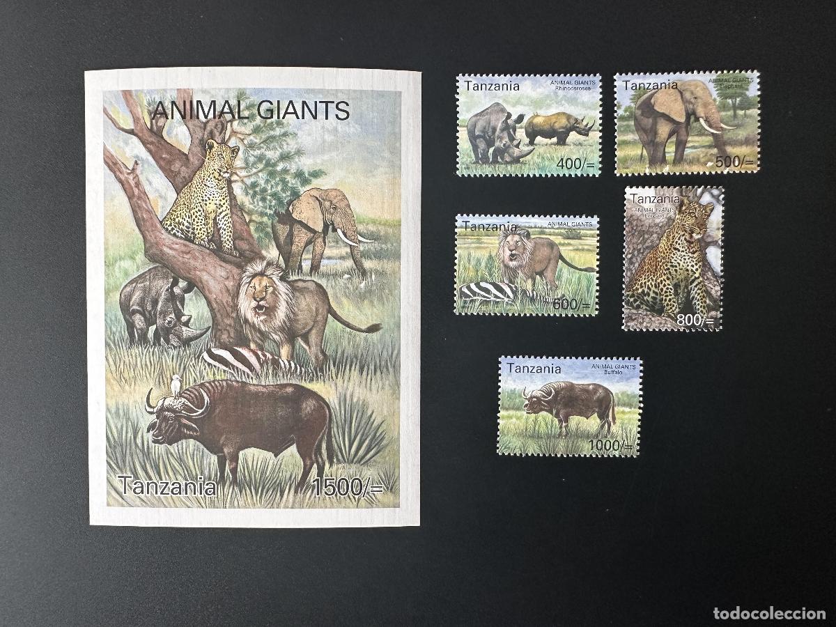 Sellos: Tanzania 2003 Mi. 4088 - 4092 Bl. 543 Animales gigantes Elefante Le&oacute;n Leopardo