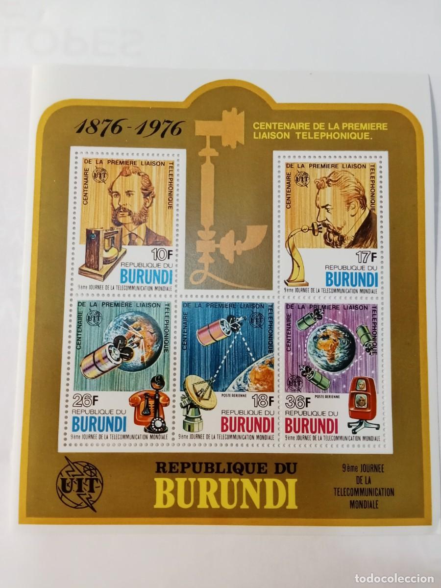 Sellos: REP&Uacute;BLICA DE BURUNDI, 1876/1976 CENTENARIO DE LA PRIMERA CONEXI&Oacute;N TELEF&Oacute;NICA. HOJITA**MNH