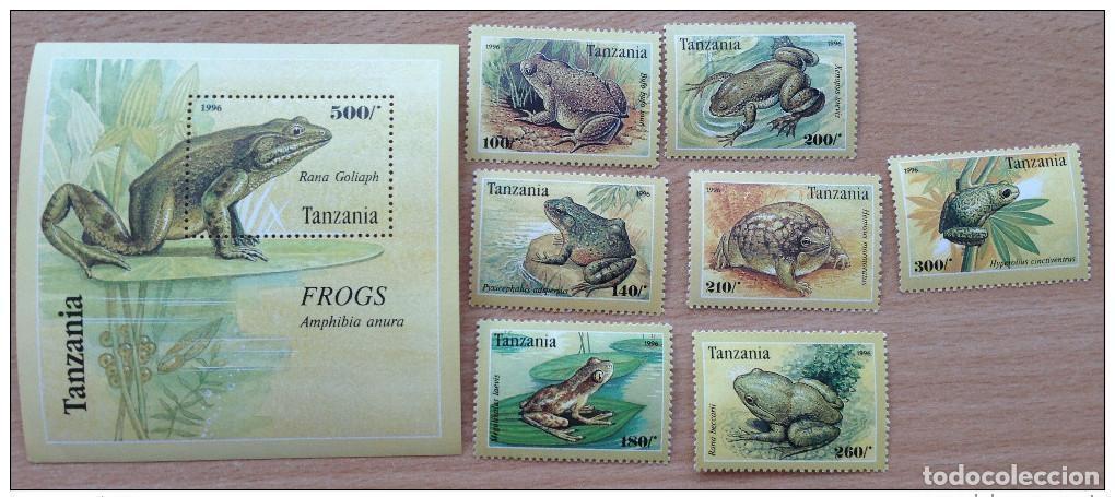 Sellos: Tanzania 1996 Reptilian Frogs 7 sellos + 1 hoja de recuerdo MNH**