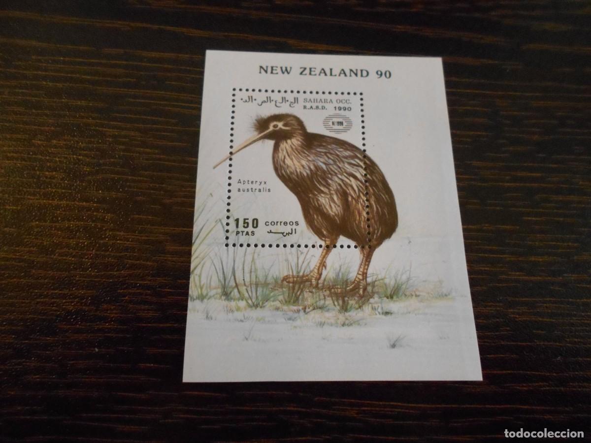 Sellos: SAHARA OCCIDENTAL-RASD-HOJA BLOQUE 1990-AVES DE NUEVA ZELANDA-KIWI