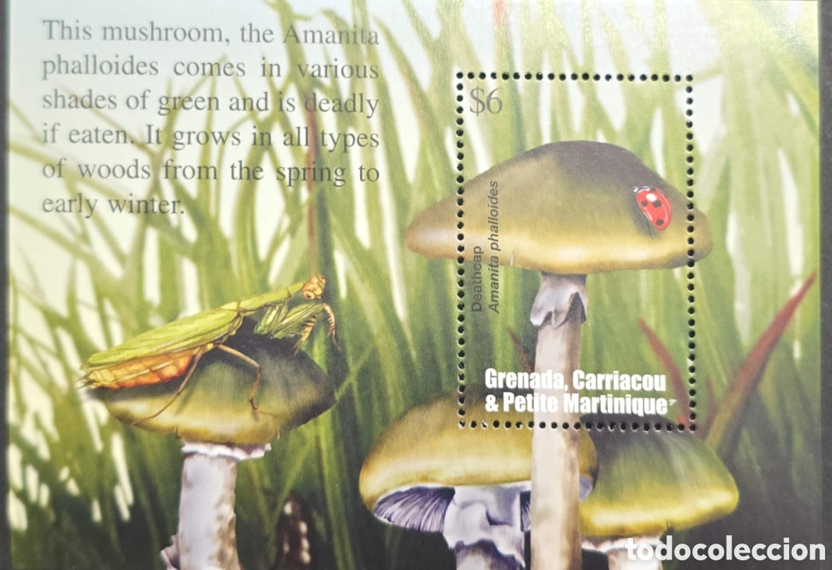 Sellos: CA)Grenada + 1968 + Mushroom Issue + $6 stamp depicting Amanita phalloides (Deathcap) with insect de