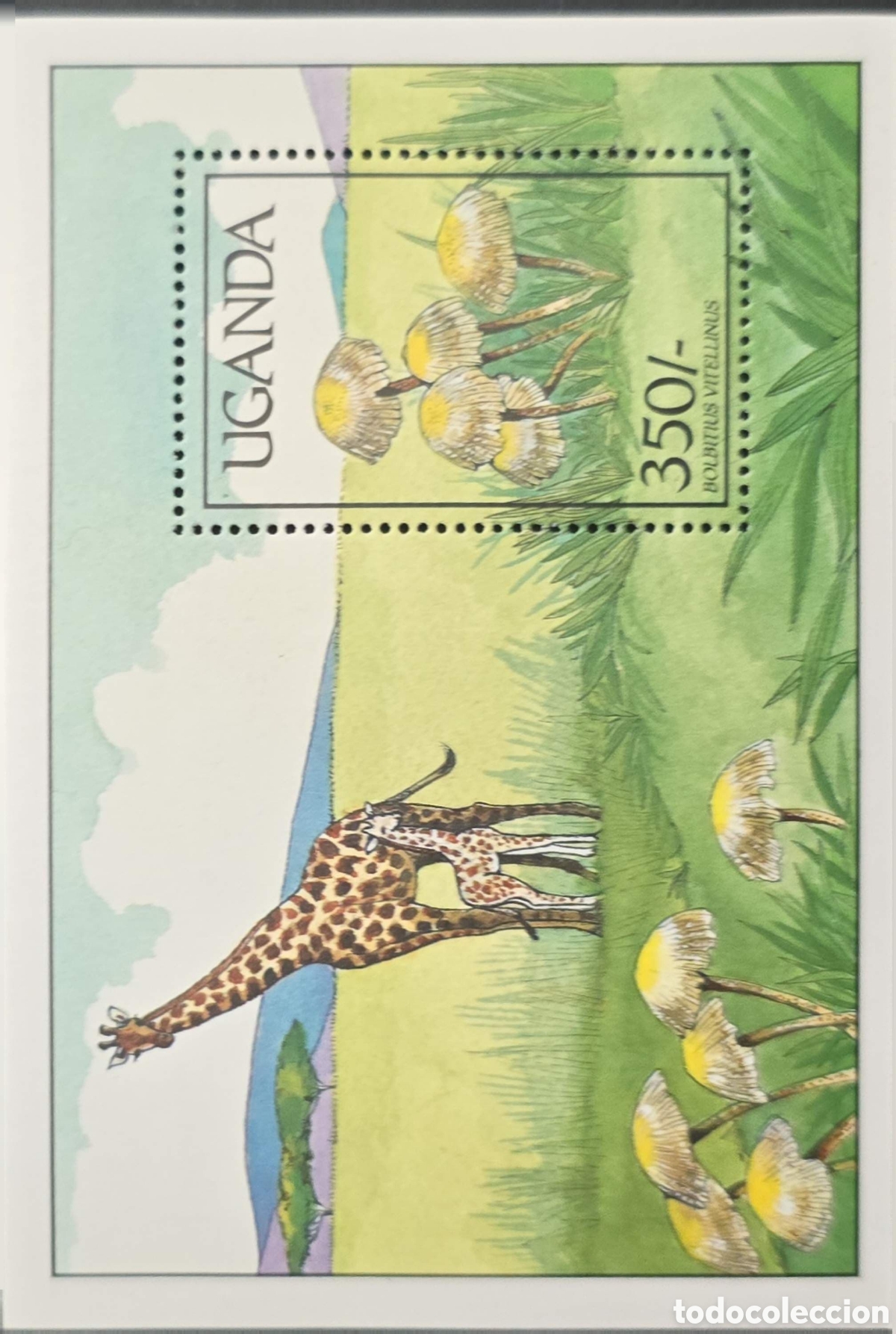 Sellos: CA)Uganda + 2000s + Mushroom Issue + 350/- stamp depicting Bolbitius vitellinus alongside giraffe an