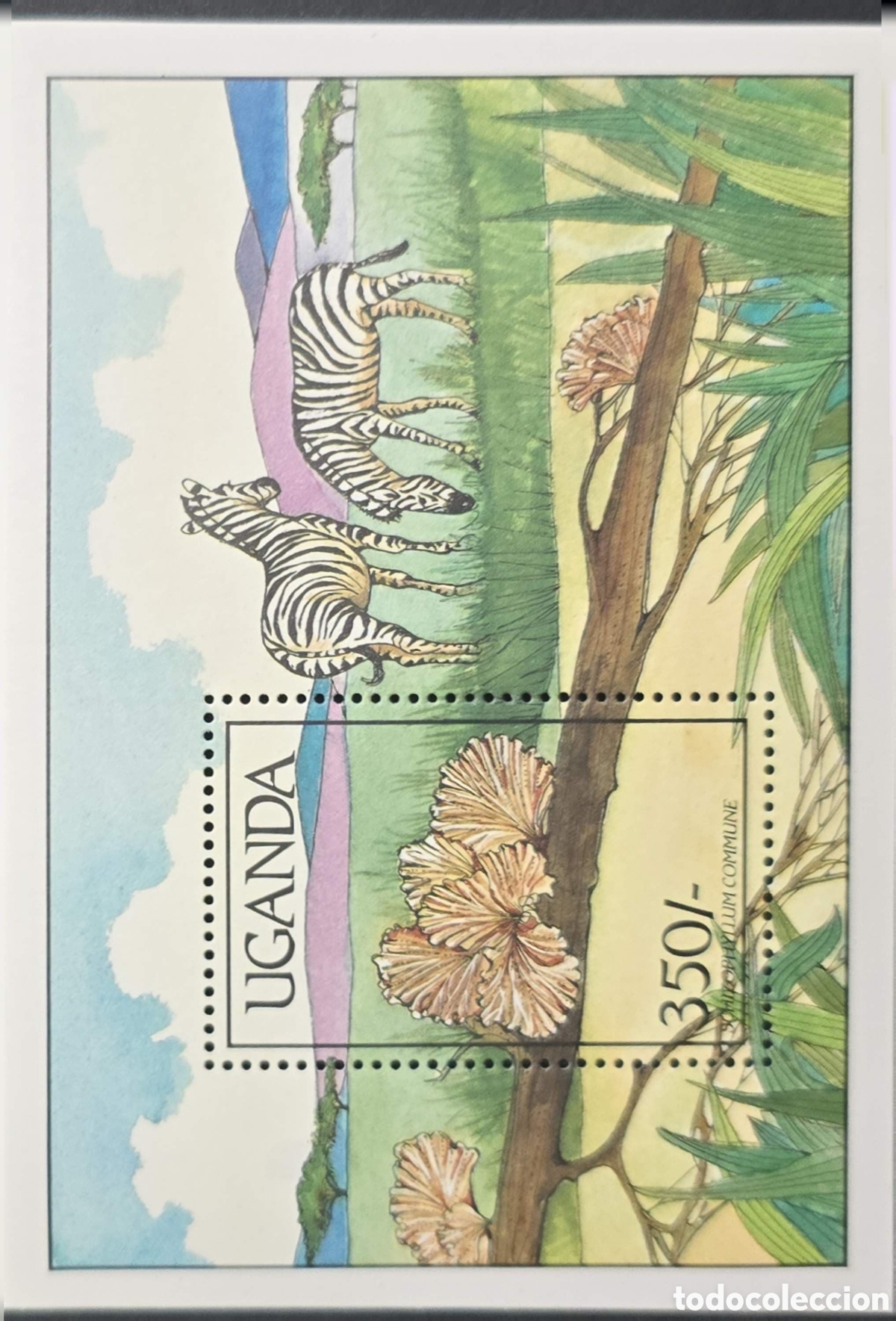 Sellos: CA)Uganda + 2000s + Mushroom Issue + 350/- stamp depicting Schizophyllum commune with zebras in gras