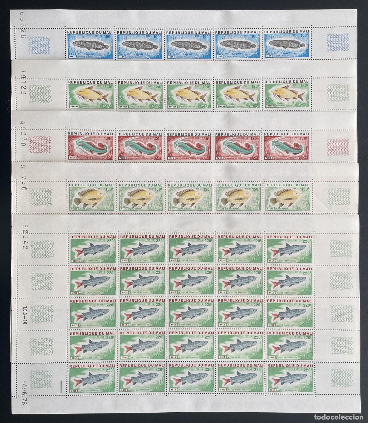 Sellos: Mali 1976 YT 258-262 bloque peces fauna acu&aacute;tica agua dulce