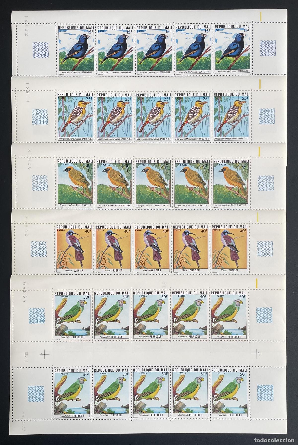 Sellos: Mali 1977 YT 275-279 bloque aves combassou barbudo perlado loro