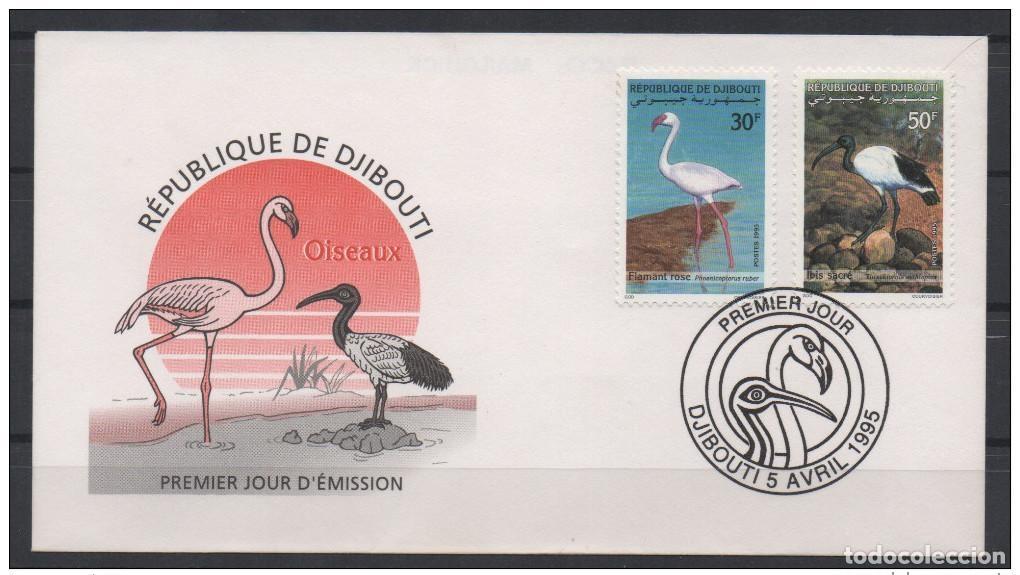 Stamps: Yibuti 1995 FDC Fauna P&aacute;jaros Flamenco rosado Sagrado Ibis Mi. 611 612