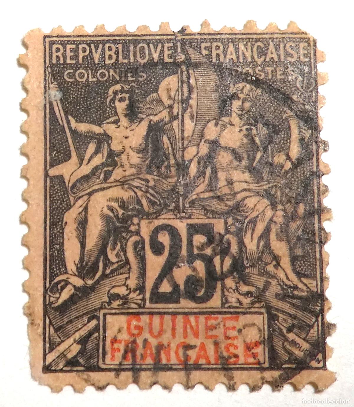 Sellos: Sello postal de Guinea francesa 25 c&eacute;ntimos 1892