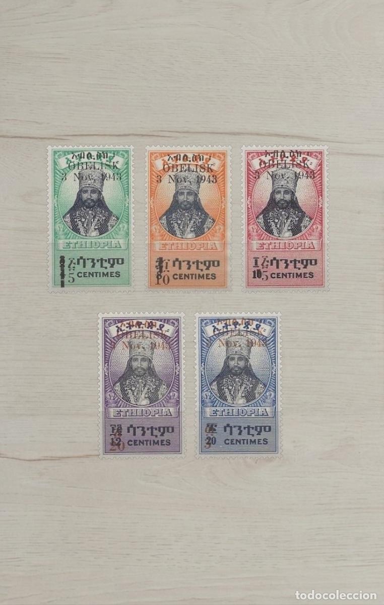 Sellos: Etiop&iacute;a 1943 - Serie Completa Emperador Haile Selassie con Sobrecarga OBELISK (5 Sellos) - Nuevos