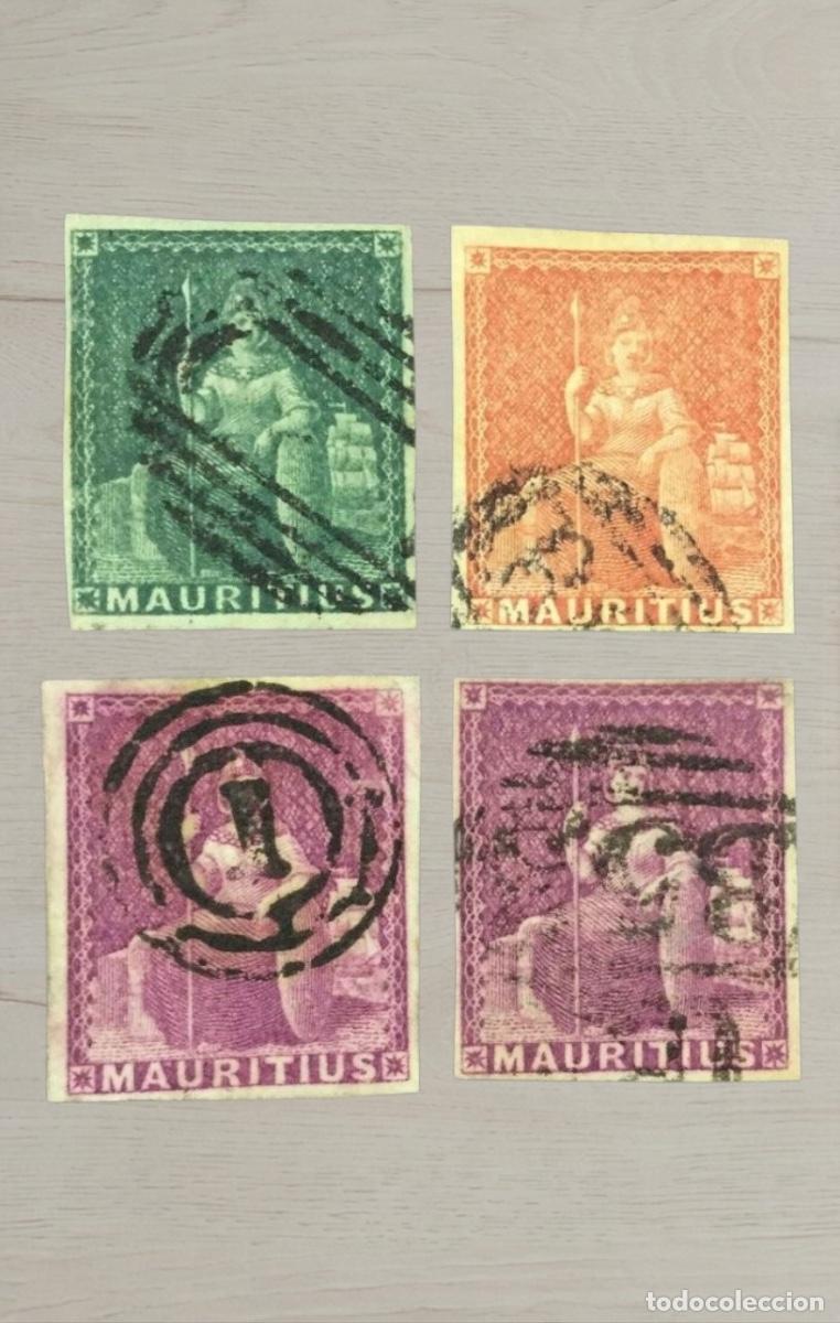 Sellos: Lote 4 Sellos de Mauricio 1858/1862 - Cl&aacute;sicos Tipo Britannia (Sin Valor Facial) - Usados