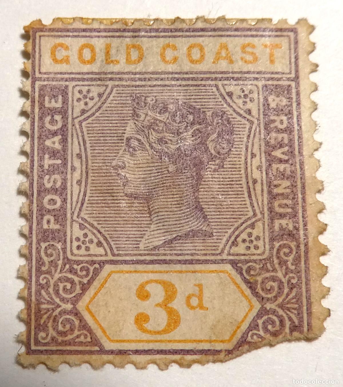 Sellos: Sello postal de 3 Peniques 1898 - 1902, Costa de Oro (actual Ghana)