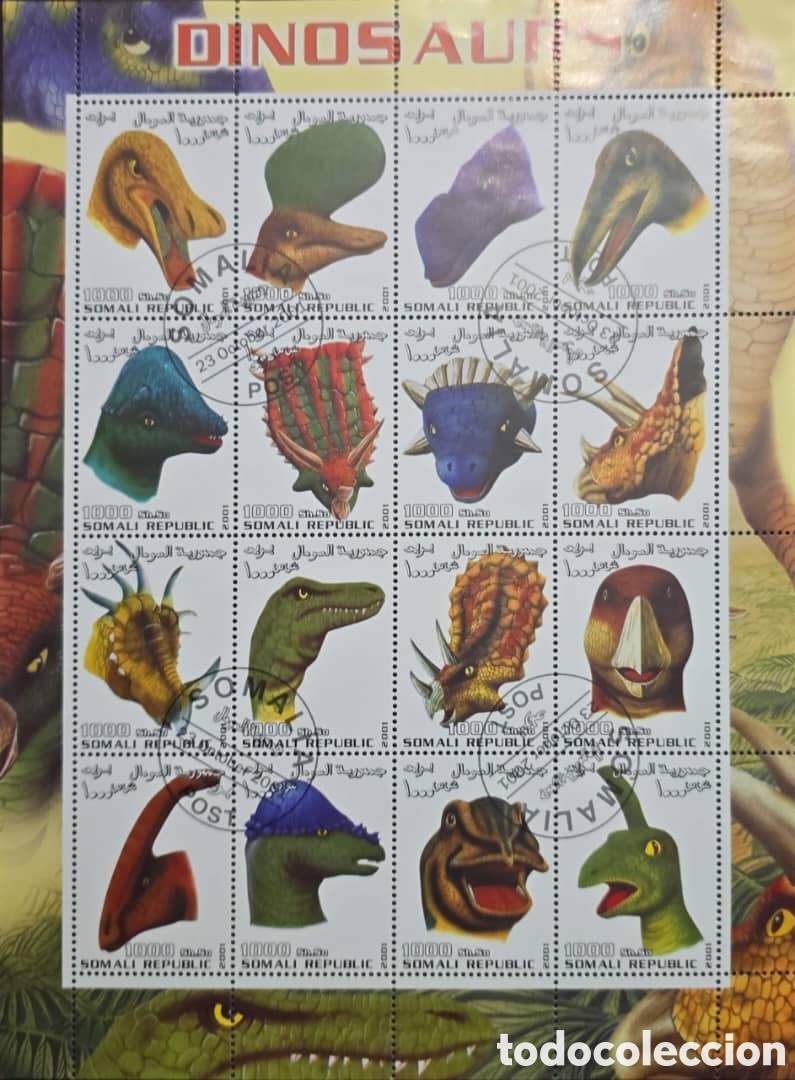 Sellos: CA) Somalia.2001. Dinosaurs. Sheet of stamps of 1000 Sh. Thus, with heads of different prehistoric s